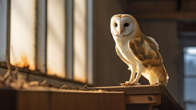 a barn owl perched on a wooden ledge
