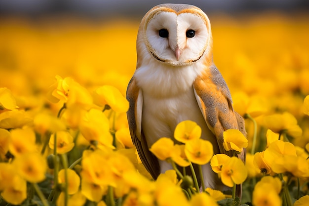 a barn owl standing in a field of yellow flowers