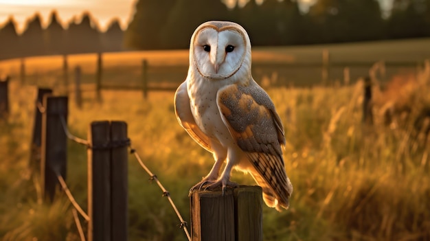 Barn owl on wood fence