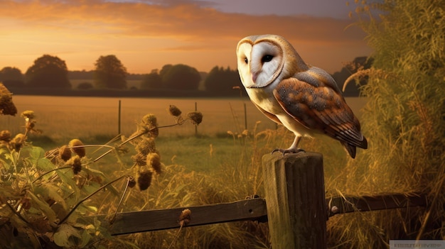 Barn owl on wood fence