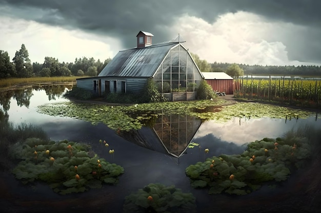 A barn in a pond with water lilies and a cloudy sky