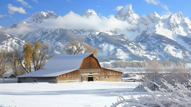 A barn in the snow with mountains in the background