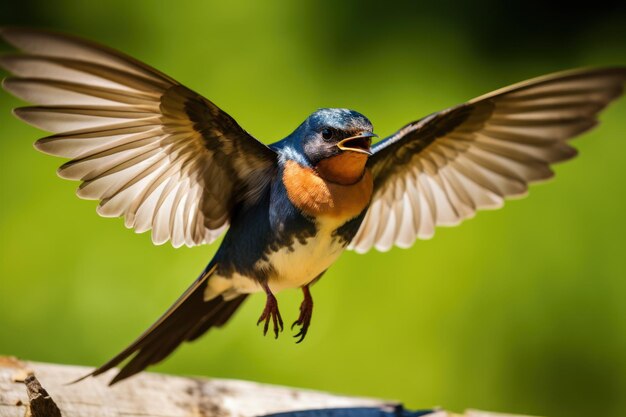 A barn swallow flying wings spread