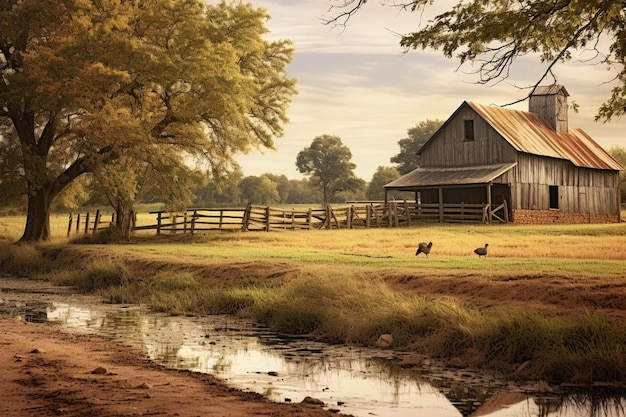 a barn with a fence and a pond in the foreground.