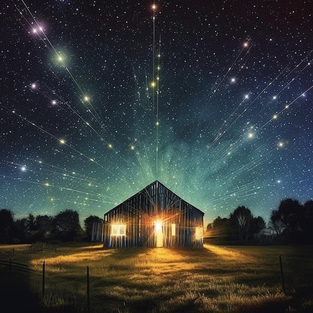 A barn with a starry sky and a starry sky