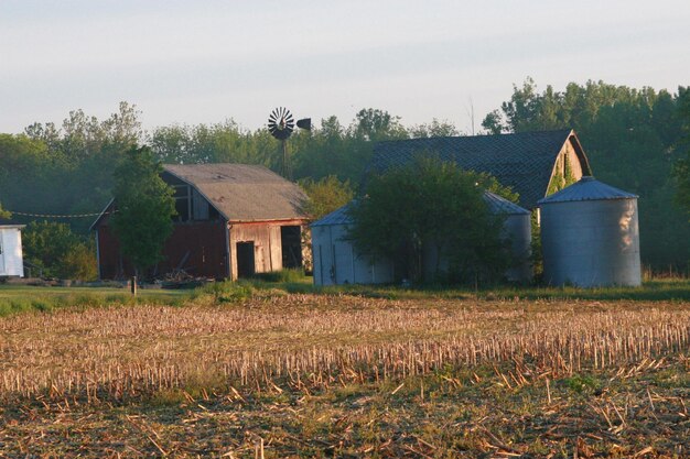 Photo barns on field against sky