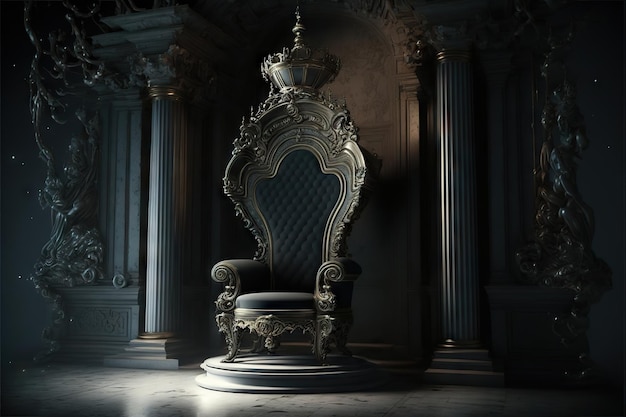Barokke troon in prachtig fantasie barok paleis in duisternis gemaakt met generatieve ai