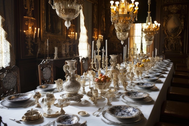 Baroque dining room with lavish table settings and crystal glasses