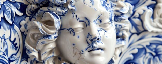 Photo baroque elegance sculpted female figure adorned with surface blue and white porcelain patterns exuding timeless beauty and grace