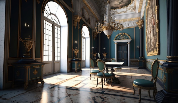 Baroque interior features elaborate curves and embellishments creating a sense of drama and extravagance Generated by AI