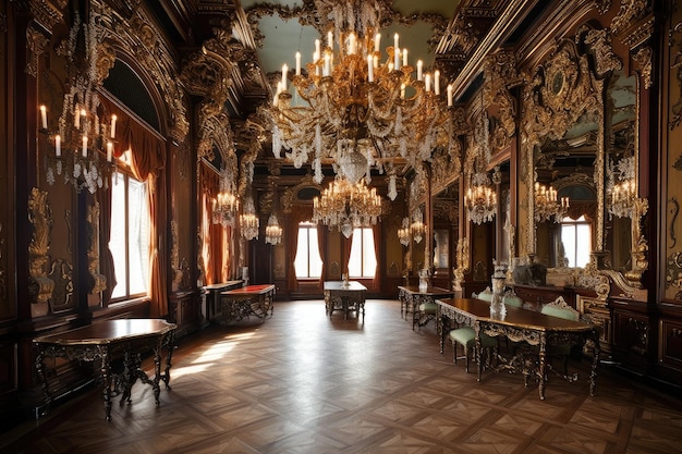 Baroque interior with extravagant chandeliers and gold accents