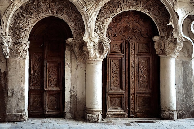 Porta medievale barocca in legno con archi e colonne a motivi geometrici