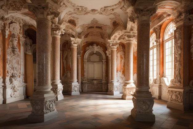 Зал в стиле барокко с богато украшенными колоннами и стенами
