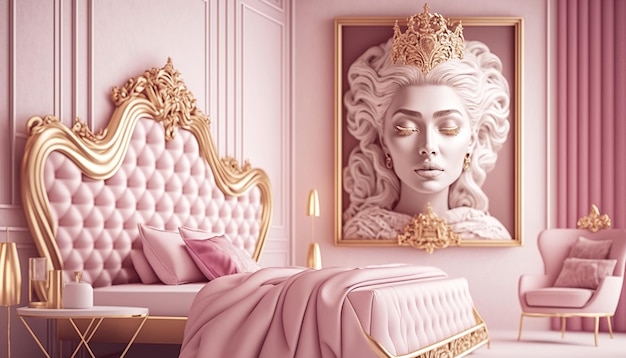 Baroque style bedroom with pink and gold decorations Generative AI