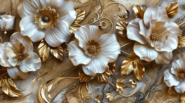 Baroque Style Golden Floral Decorations on Marble Background