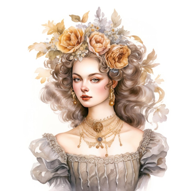 Baroque Vintage Lady Watercolor Clipart Radiating Historical Aesthetics