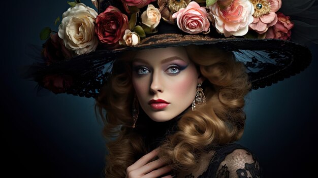 写真 花の肖像画と帽子をかぶったバロック様式の女性