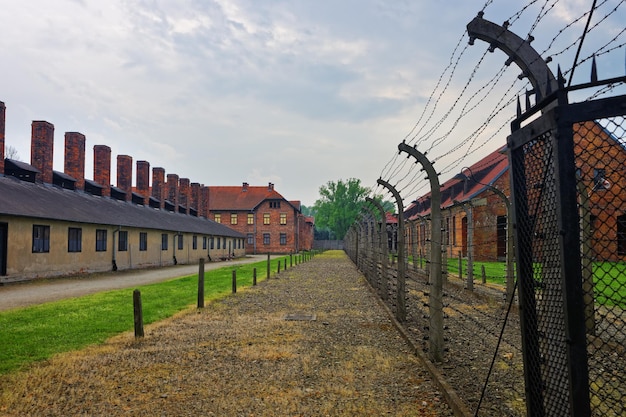 Barracks and Crematorium at Auschwitz concentration camp, Poland.