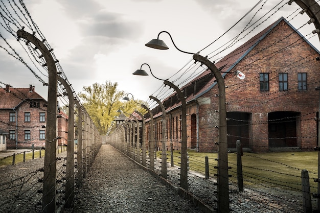 Photo barracks and fence, german prison auschwitz ii