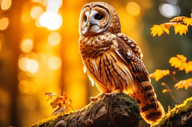 Barred owl perched in a dark forest