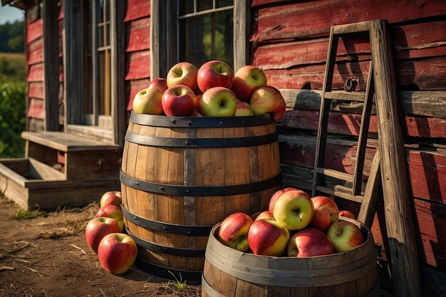 Photo barrel of apples outside a country store a rustic display of seasonal bounty