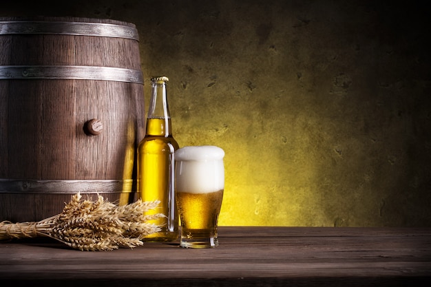 Barrel, bottle and glass of beer