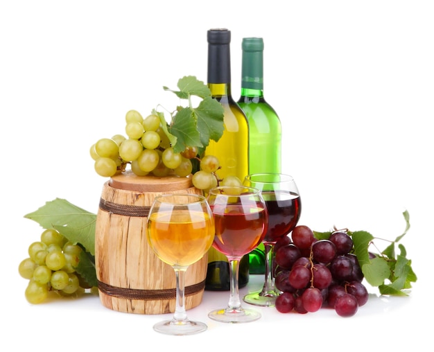 Barrel bottles and glasses of wine grapes isolated on white