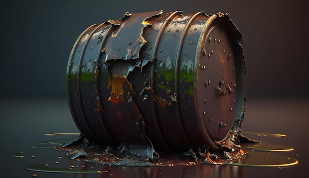 Barrel brandstof lekken gevaarlijke afvalcontainer illustratie afbeelding AI gegenereerde kunst