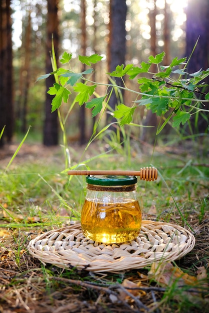 Barrel honey and spoon for honey in summer green grass