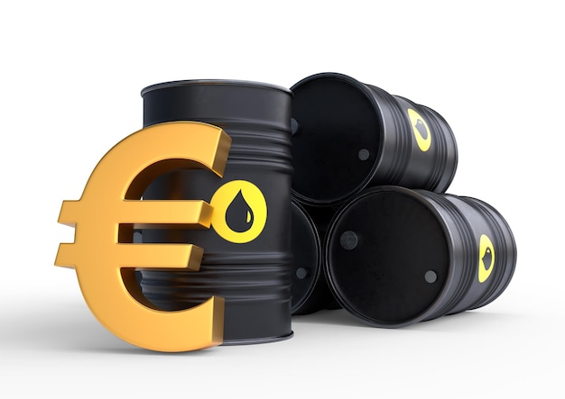 Photo barrel of oil and golden euro sign on a white background oil prices inflation 3d render illustration
