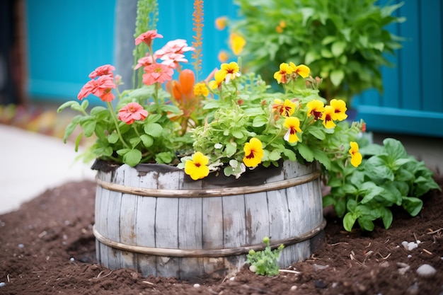 Barrel planter turned into a rustic flower bed