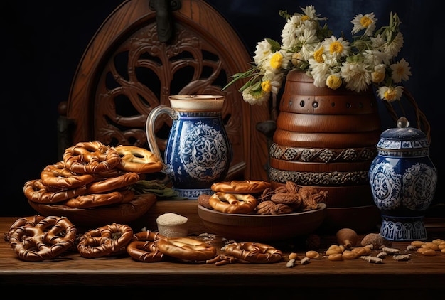 a barrel of pretzels in the style of decorative paintings