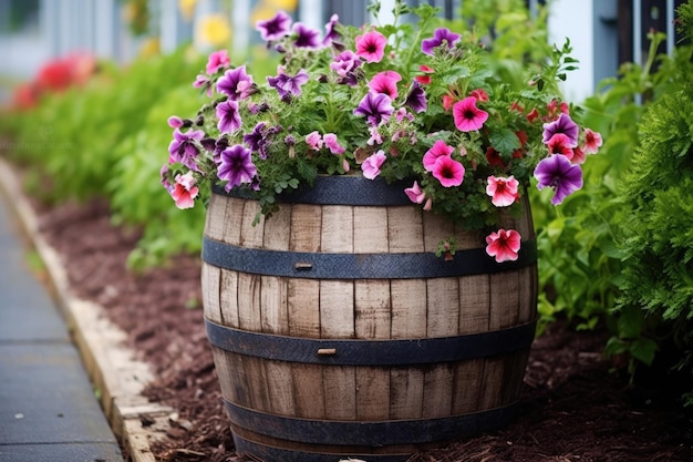 Barrel repurposed as a flower planter created with generative ai