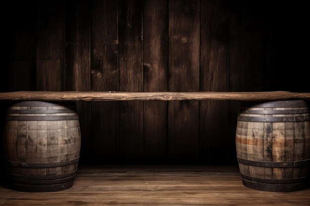 Photo barrel s background and aged wooden table