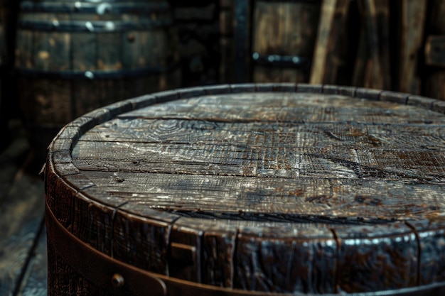 Photo barrel and worn old wood table background