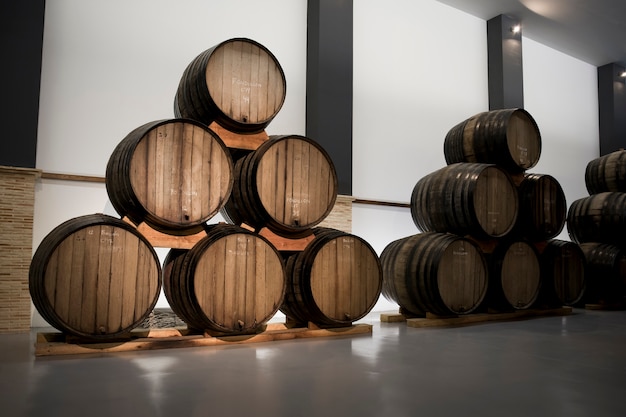 Barrels arrangement in wine cellar side view