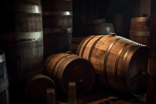 Barrels in a dark room with the word liqueur on the bottom
