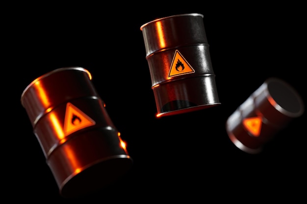 Barrels of oil illuminated with red light flying on a black background 3D render