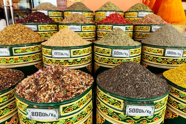 Barrels of spices in a shop in Marrakech