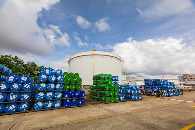 Barrels stock chemical products The metal barrels are blue Chemistry Manufacture of chemicals