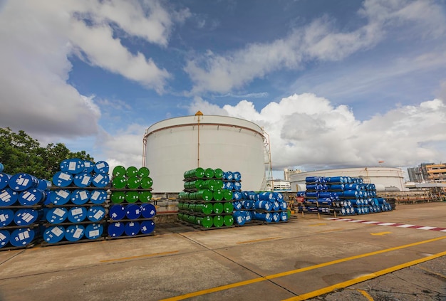 Barrels stock chemical products The metal barrels are blue Chemistry Manufacture of chemicals