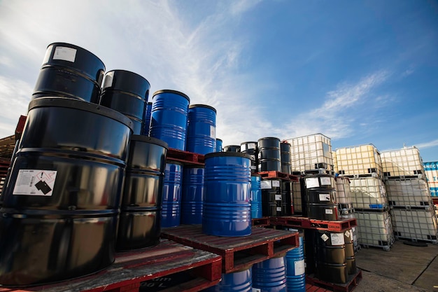 Barrels stock chemical products The metal barrels are blue Chemistry Manufacture of chemicals