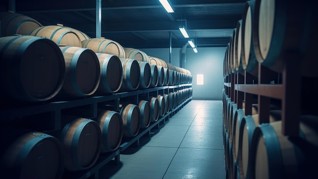 Barrels of wine in a dark room