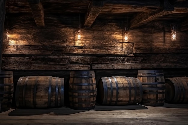 Barrels for wine storage in an old underground cellar Wine cellars concept