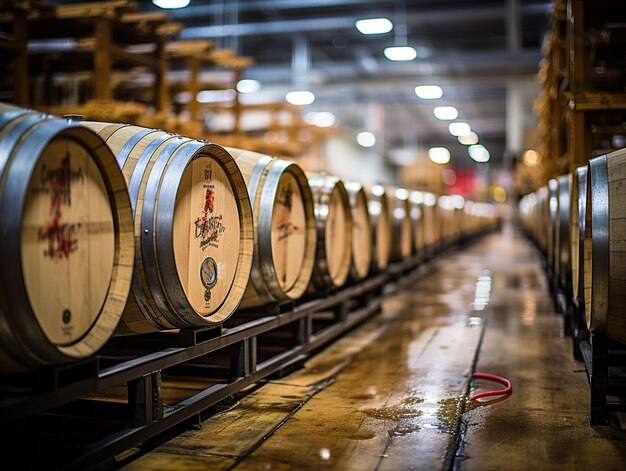 Photo barrels with wood trim await beer fermentation