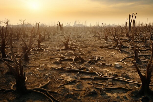 Photo a barren landscape with dead trees and polluted air