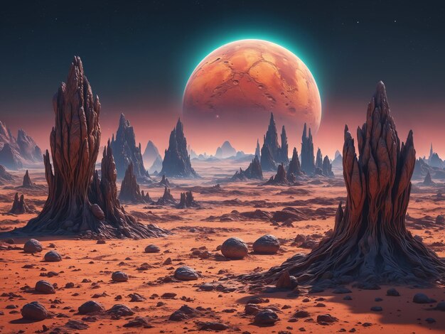 A barren rocky alien landscape with a large red moon in the sky The scene with rocks and other elements reminiscent of a desert or a fantasy world