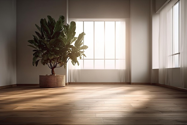 A barren room with a plant and a hardwood floor