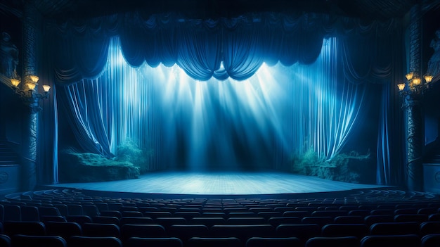 A barren theater stage bathed in a soft blue glow echoing silent anticipations