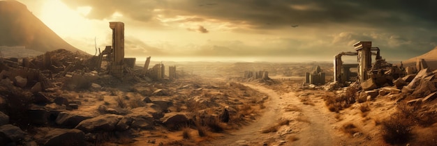 Photo a barren wasteland with ruins and sandstorms panoramic background generative ai